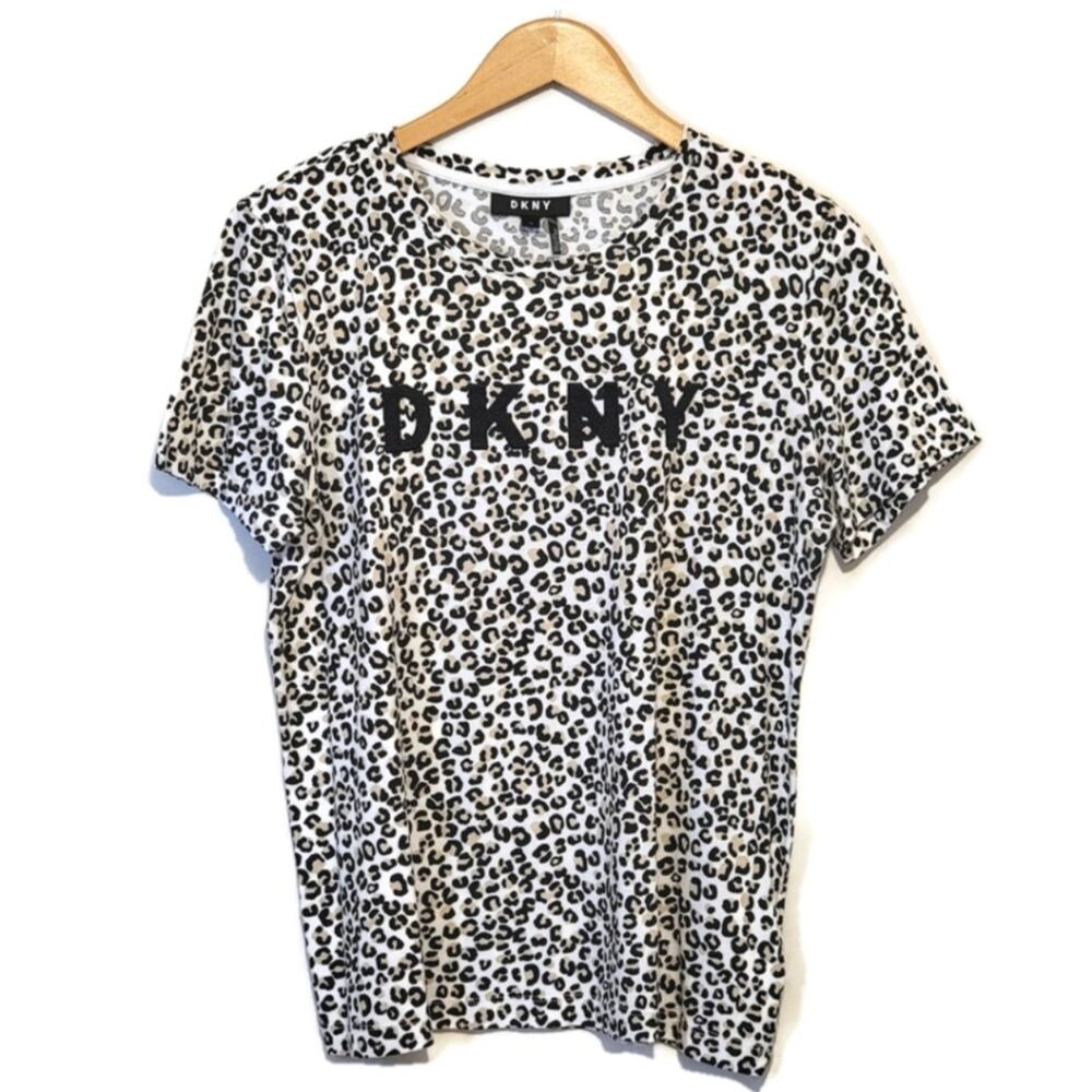 DKNY Leopard Print Crew Neck Short Sleeve Top Black White Casual Size M